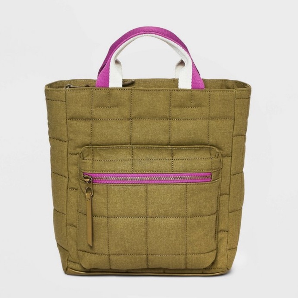 Universal Thread Olive Green Quilted Tote Backpack with Pink Accents